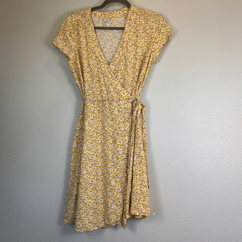 Old Navy Womens Yellow Ditsy Floral Short Sleeve Wrap Mini Dress Small